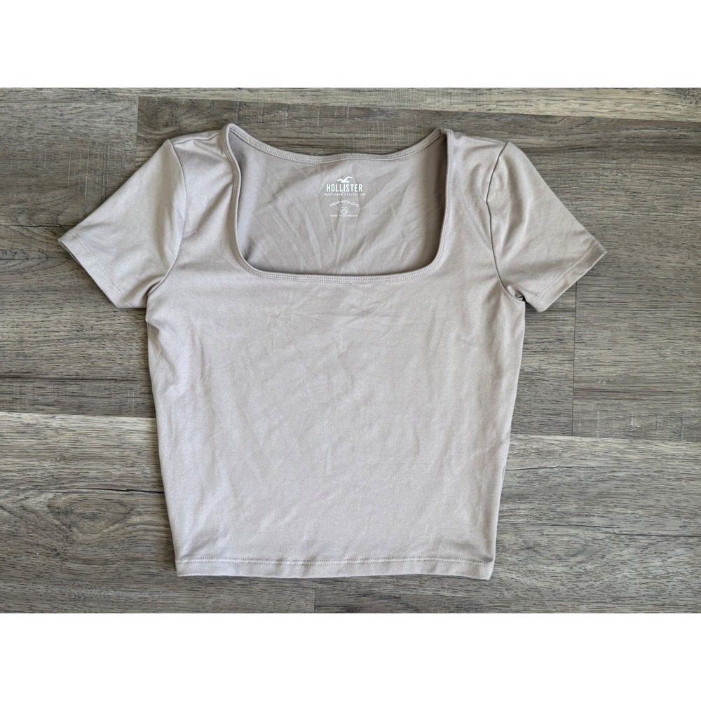 Hollister Must-Have Collection Taupe Square Neck Short Sleeve Crop Top XS